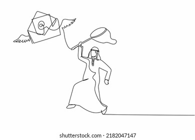 Continuous one line drawing Arab businessman try to catching flying mail with butterfly net. Missing important paper or letter. Business metaphor. Single line draw design vector graphic illustration