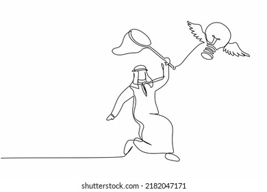Continuous one line drawing Arab businessman try to catching flying light bulb with butterfly net. Losing inspiration and creative idea. Business metaphor. Single line draw design vector illustration