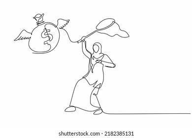 Continuous one line drawing Arab businesswoman try to catching flying money bag with butterfly net. Losing jackpot of business project. Unlucky employee. Single line design vector graphic illustration