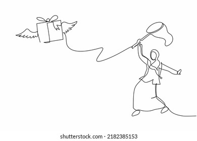 Continuous one line drawing Arab businesswoman try to catching flying gift box with butterfly net. Lost package in delivery services. Business metaphor. Single line design vector graphic illustration