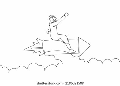 Continuous one line drawing Arab businessman flying high riding firework rocket. Ready to launching new startup business digital. Minimal metaphor. Single line draw design vector graphic illustration