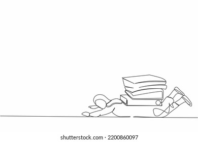Continuous one line drawing Arab businesswoman under heavy pile of paper folder burden. Tired person cannot cope with amount of work. Worker with paperwork. Single line draw design vector illustration
