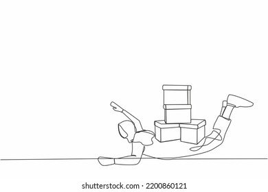 Continuous one line drawing Arab businesswoman under heavy pile of box burden. Overworked man with stacks of cardboard. Stress at work. Bureaucracy. Single line draw design vector graphic illustration