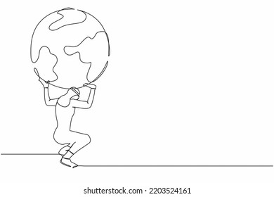 Continuous one line drawing Arab businessman carrying heavy globe on his back. Natural resources responsibility, earth exploitation, industrial pollution. Single line draw design vector illustration