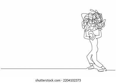 Continuous One Line Drawing Arab Businesswoman Carrying Heavy Messy Line On Her Back. Stress Burden, Anxiety From Work Difficulty, Economic Crisis Problem. Single Line Draw Design Vector Illustration