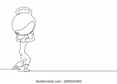 Continuous one line drawing Arab businesswoman carrying heavy kettlebell on her back. Financial crisis or credit payment. Business bankruptcy, debt problem. Single line draw design vector illustration