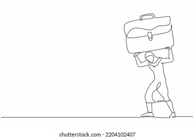Continuous one line drawing Arab businesswoman carrying heavy briefcase on her back. Anxiety and overload work. Pressured female worker with responsibility. Single line draw design vector illustration
