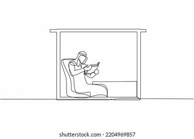 Continuous One Line Drawing Arab Man Sitting In Chair Reading Classic Literature Book. Businessman Reader. Sitting In Armchair Near Window In Living Room. Single Line Draw Design Vector Illustration