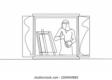 Continuous one line drawing Arab man painter drawing indoor near window. Male holding paint brush and palette, sketching on canvas. Artist painting at home. Single line draw design vector illustration