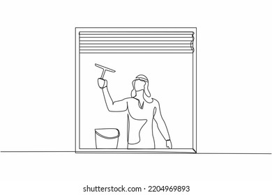 Continuous one line drawing Arab man cleaning windows with glass cleaner tools. Washing windows with bucket, detergent, wet rag. Housework. Domestic work. Single line draw design vector illustration