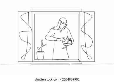 Continuous one line drawing Arab man and plant holding cat   looking through window  Stay home during pandemic  Coronavirus quarantine isolation warning  Single line draw design vector illustration