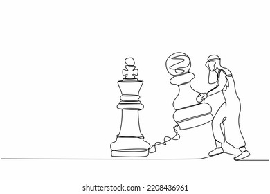 Continuous one line drawing Arab businessman lifting pawn chess piece to beat king chess. Strategic planning, business development strategy, tactic in game. Single line draw design vector illustration