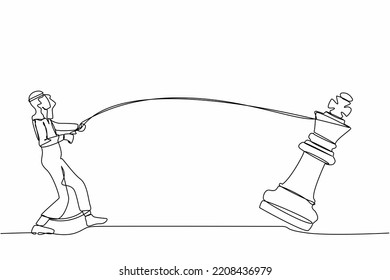 Continuous one line drawing Arab businessman pulling big king chess with rope. Business achievement, strategy. Competitive worker in market competition. Single line design vector graphic illustration