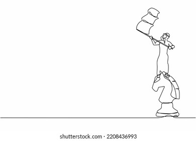 Continuous one line drawing Arab businessman standing on top of big horse chess piece and waving flag. Defeat competitors in business as winning chess game. Single line draw design vector illustration