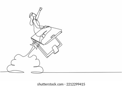 Continuous one line drawing Arab businessman riding wallet rocket flying in the sky. Achievements in professional financial activities. Prosperous entrepreneur. Single line design vector illustration