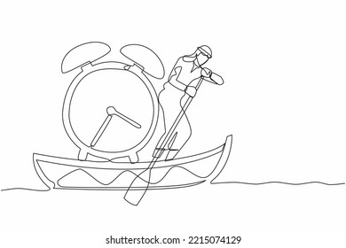 Continuous one line drawing Arab businessman sailing away on boat with alarm clock. Time management in business project deadline. Success business. Single line draw design vector graphic illustration