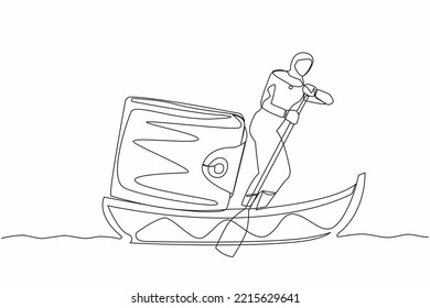 Continuous one line drawing Arab businesswoman standing in boat and sailing with purse. Money management for personal use. Financial planning at company. Single line design vector graphic illustration