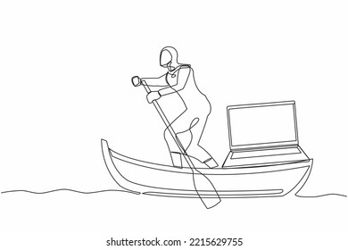 Continuous one line drawing Arab businesswoman standing in boat and sailing with laptop computer. Happy worker as a freelancer or creative manager. Remote work. Single line design vector illustration