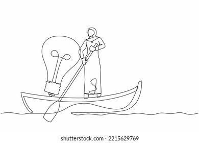 Continuous one line drawing Arab businesswoman standing in boat and sailing with light bulb. Manager searching idea or vision. Success business innovation. Single line draw design vector illustration