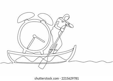Continuous one line drawing Arab businesswoman standing in boat and sailing with alarm clock. Manager escape from project deadline. Time management problem. Single line draw design vector illustration