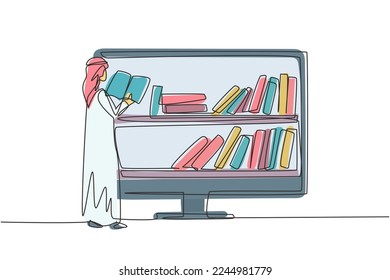 Continuous one line drawing Arab male college student reading book while standing in front of monitor with bookshelf on screen. Education concept. Single line draw design vector graphic illustration