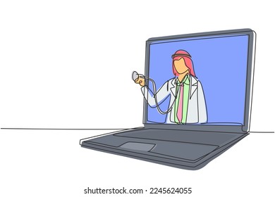 Continuous one line drawing Arab male doctor comes out of laptop screen holding stethoscope. Online medical services, medical consultation concept. Single line draw design vector graphic illustration