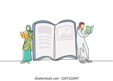 Continuous one line drawing Arab students woman and man reading, learning and standing beside open huge book. Literature lovers, education concept. Single line draw design vector graphic illustration