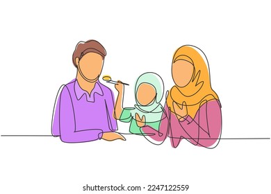 Continuous one line drawing Arab family having fun together in modern restaurant. Daughter feeds her father with love. Happy little family concept. Single line draw design vector graphic illustration