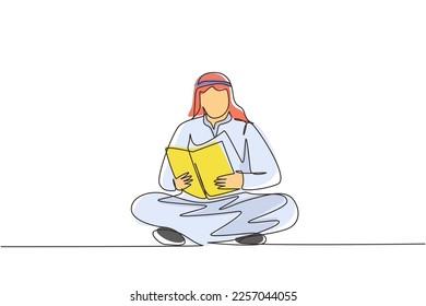 Continuous one line drawing Arab man is sitting on floor reading book. Student is preparing for the exam, applicant is preparing for admission, book lover is reading. Single line draw design vector