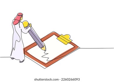 Continuous one line drawing Arab businessman filled out questionnaire. Man standing near big checklist. Male with pencil writes test on clipboard. Single line draw design graphic vector illustration
