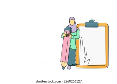 Continuous one line drawing Arab businesswoman holding giant pencil looking at completed checklist on clipboard. Effective daily planning, time management. Single line draw design vector illustration