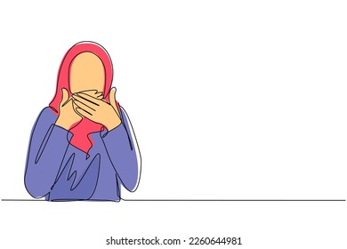 Continuous one line drawing Arab woman covering mouth and hands  Female mouth and hand shocked and shame for mistake  expression fear  scared in silence  secret  Single line draw design vector