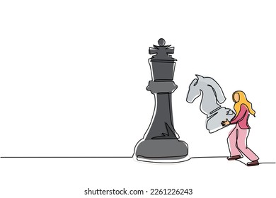 Continuous one line drawing Arab businesswoman holding knight chess piece to beat king chess. Strategic planning, business development strategy, tactic entrepreneurship. Single line draw design vector
