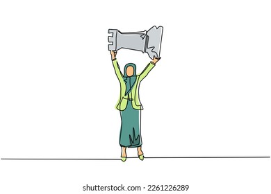 Continuous one line drawing Arab businesswoman holding, lifting rook chess piece. Successful entrepreneurship tactics or strategy, superiority in business. Single line draw design vector illustration