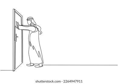 Continuous one line drawing Arab businessman pushes closed door on white wooden door frame. Business struggles. Strength for success. Opening closed doors. Single line draw design vector illustration