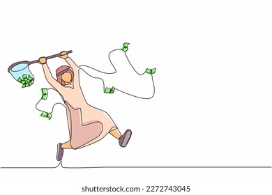 Continuous one line drawing Arab businessman trying to catch flying money with butterfly net. Running entrepreneur man using business opportunity to scoop dollar bills. Single line draw design vector