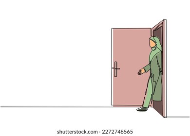 Continuous one line drawing Arab businesswoman on white background walking through an open door frame. New business ventures. Entering new market. Career growth. Single line draw design vector graphic