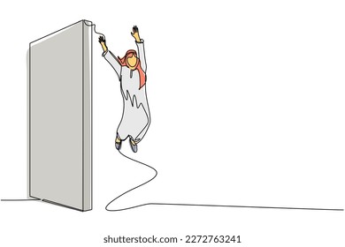 Continuous one line drawing Arab businessman managed to jump over the wall. Man jumps over the wall, outside comfort zone to get new experience, fun and excited. Single line draw design vector graphic