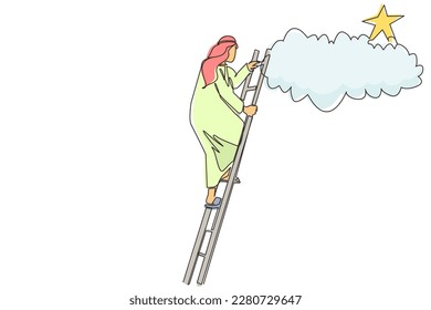 Continuous one line drawing Arab businessman climbing ladder to reach out for stars. Businessman climbing to goal. Motivation to be success, winner, finish, win. Single line draw design vector graphic