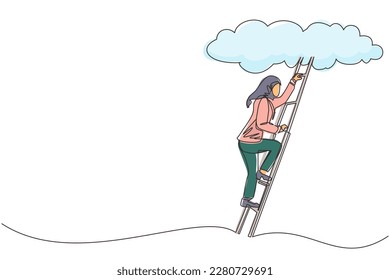 Continuous one line drawing Arab businesswoman climbing up career ladder to cloud. Successful rising business development. Professional growth promotion. Single line design vector graphic illustration