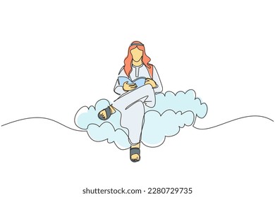 Continuo dibujo de una línea de un árabe sentado en un libro de lectura en la nube. Empresario. Profesor. Abogado. Marketer. Director. Jefe. Financiador. Educación superior. Crecimiento profesional. Vector de diseño de tracción de línea única