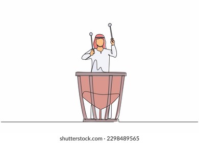 Continuous one line drawing Arab male percussion player play on timpani. Man performer holding stick and playing musical instrument. Musical instrument timpani. Single line draw design vector graphic