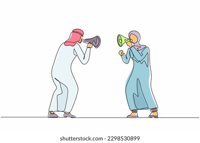 Continuous one line drawing Arab man and woman hold loudspeakers scream at each other engaged in family fight. Stubborn angry husband and wife yell shout in megaphones. Single line draw design vector