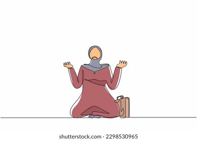 Continuous one line drawing Arab businesswoman despair suffer grief. Female manager sad gesture expression. Professional burnout syndrome. Depression disorder, sad, sorrow. Single line design vector