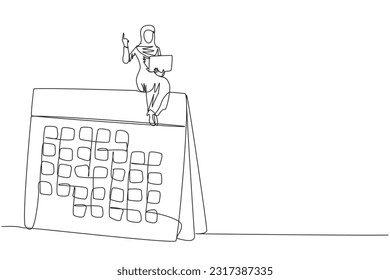 Continuous one line drawing Arab businesswoman sitting on a giant desk calendar raising one hand. Submit a monthly work plan and take days off via online to the manager. Work life balance. Single line
