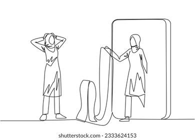 Continuous one line drawing Arab businesswoman standing facing businessman getting out of big smartphone holding long bill. Surprised by number of bills from business partners. Single line draw vector