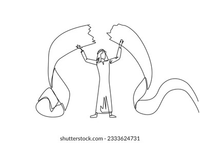 Continuous one line drawing Arab businessman stood up tore off billing paper held above his head. Failing to pay bills makes a businessman full of emotions. Single line draw design vector illustration