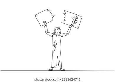 Continuous one line drawing Arab businessman stood up tore off banknotes held above his head. Failed to invest, suffered a lot of losses. Business failure. Single line draw design vector illustration
