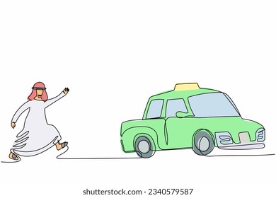 Continuous one line drawing Arab businessman running chasing taxi. Arabian manager in a hurry running to get a car, move with great haste to catch public transportation. Single line draw design vector