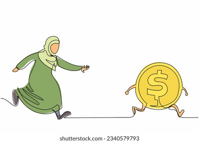 Continuous one line drawing Arab businesswoman chase dollar coin. Office worker want to get much money as possible. Arabian manager chasing success. Single line draw design vector graphic illustration